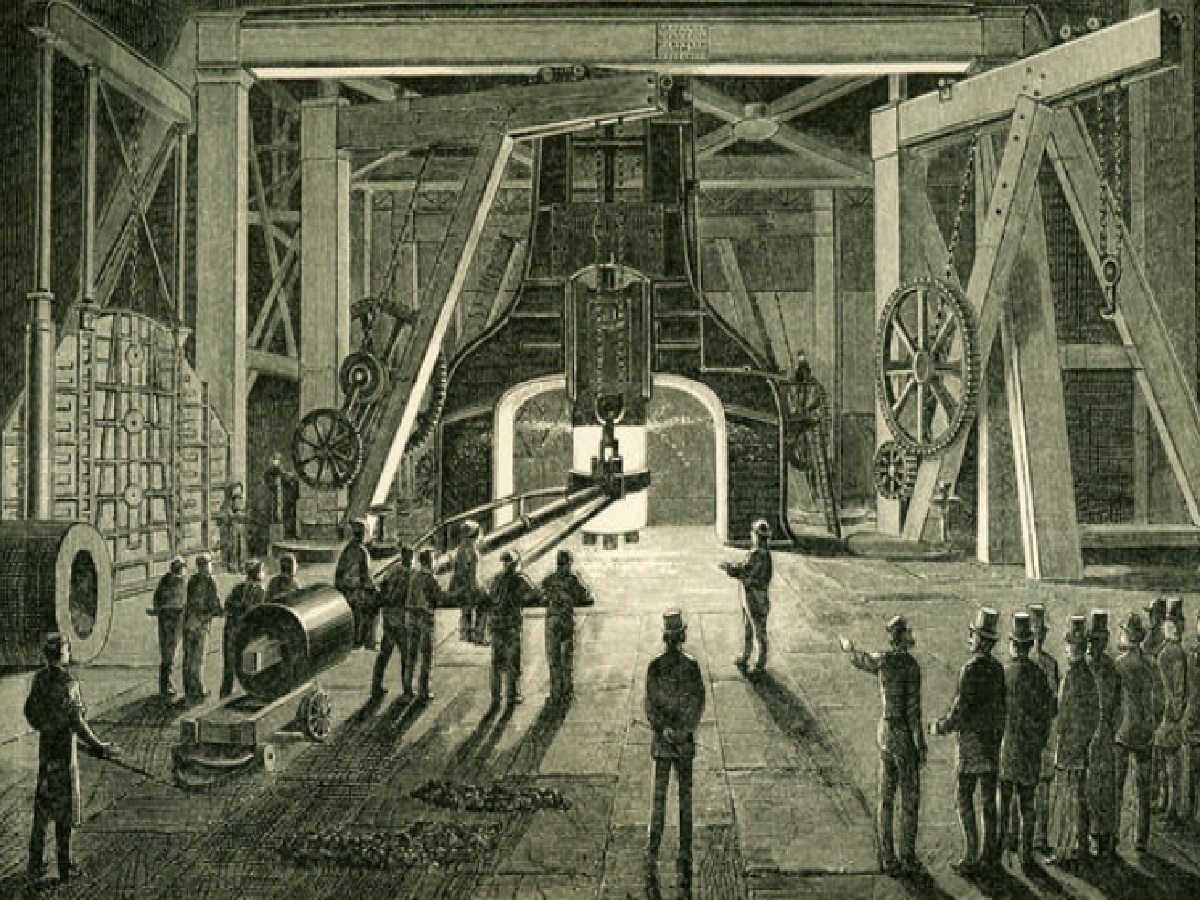 Ilustración de una fábrica de armas, Inglaterra 1870