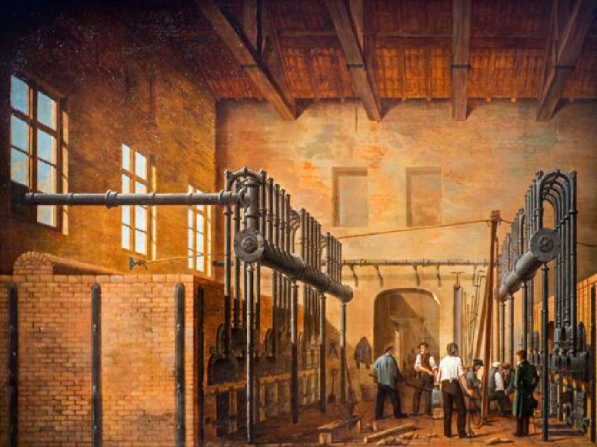 Ilustración de una fábrica de gas inflamable, Revolución industrial, Inglaterra 1883